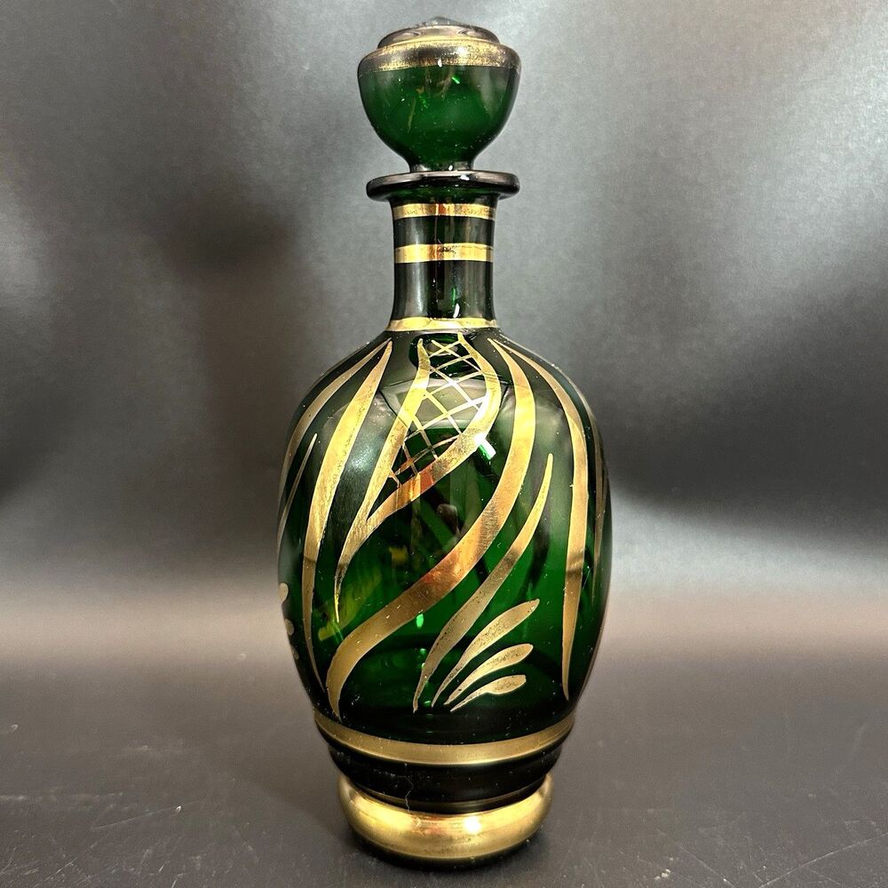 VTG Emerald Green Glass Cologne Perfume Bottle Gold Gilt Attributed Czech 7.75”